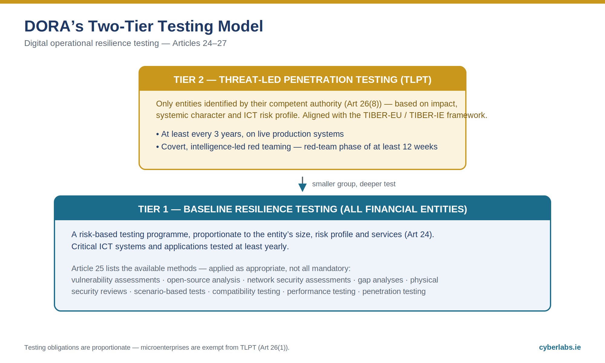 DORA Compliance in Ireland: The Complete Guide Diagram contrasting DORA baseline resilience testing for all financial entities with TLPT for entities identified by their competent authority